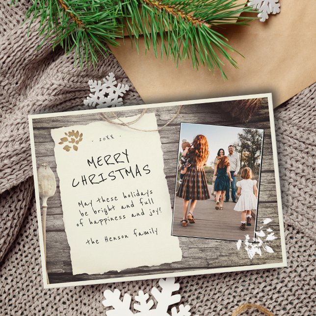 Rustic Wood Old Paper Script Christmas Photo Holid Holiday Card (Creator Uploaded)