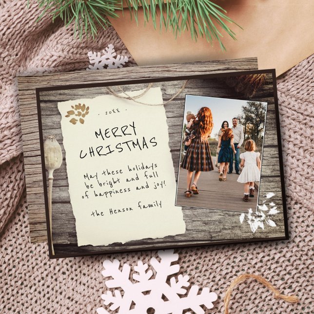 Rustic Wood Old Paper Script Christmas Photo Holiday Card (Creator Uploaded)