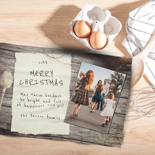 Rustic Wood Old Paper Script Christmas Photo Kitchen Towel