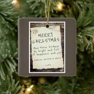 Rustic Wood Old Paper Script Merry Christmas Ceramic Ornament