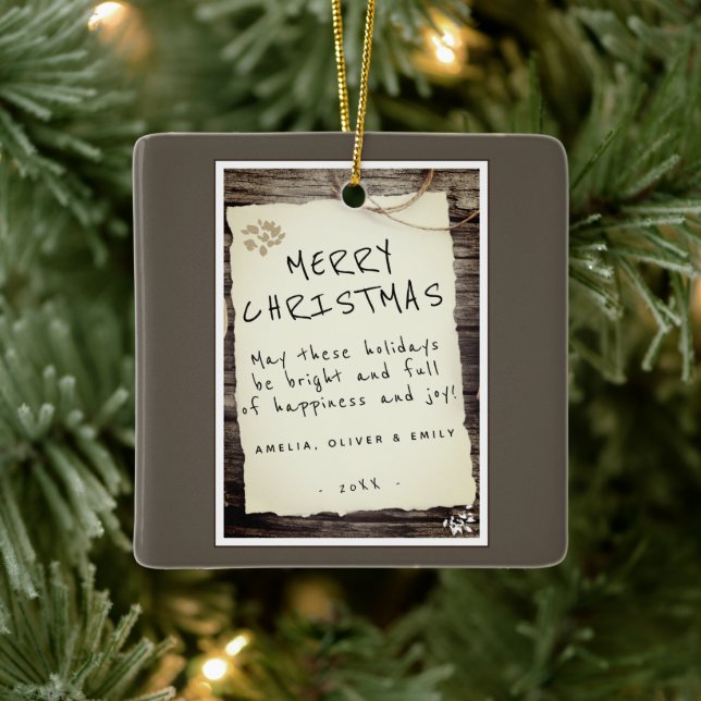 Rustic Wood Old Paper Script Merry Christmas Ceramic Ornament (Tree)