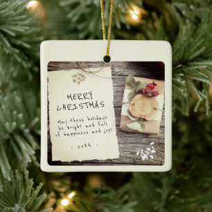 Rustic Wood Old Paper Script Merry Christmas Ceramic Ornament