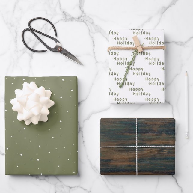 Rustic Wood Olive Green Snowflake Happy Holiday Wrapping Paper Sheets (Front)