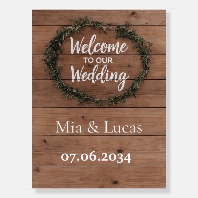 Rustic Wood Olive Wreath Wedding Welcome Sign (Front)