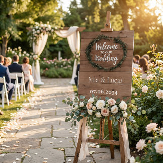 Rustic Wood Olive Wreath Wedding Welcome Sign