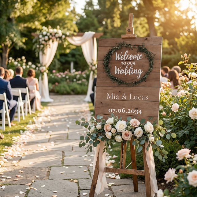 Rustic Wood Olive Wreath Wedding Welcome Sign (Creator Uploaded)