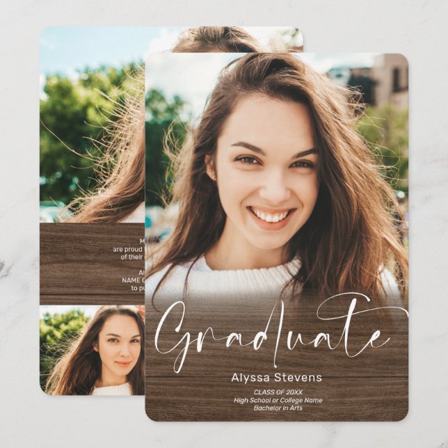 Rustic wood ombre script 4 photos graduation announcement (Front/Back)