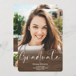 Rustic wood ombre script 4 photos graduation announcement