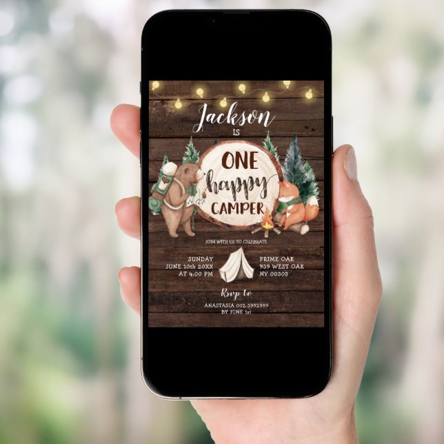 Rustic Wood One Happy Camper Camping Birthday Invitation (Front Digital)