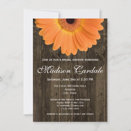 Rustic Wood Orange Daisy Bridal Shower Invitation