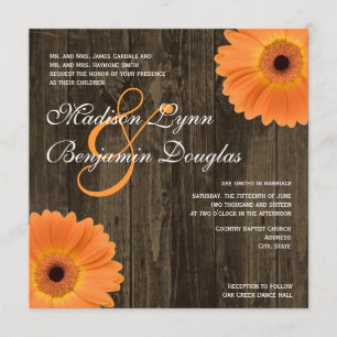 Rustic Wood Orange Daisy Square Wedding Invitation