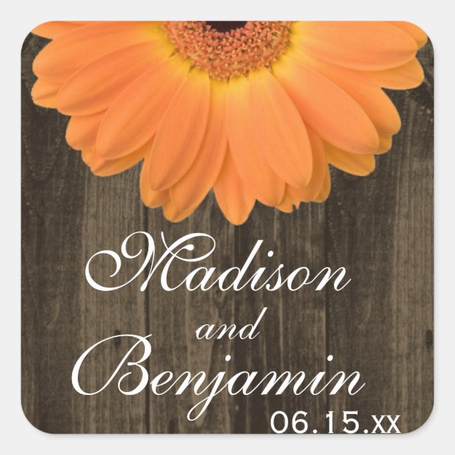 Rustic Wood Orange Daisy Wedding Favor Stickers (Front)