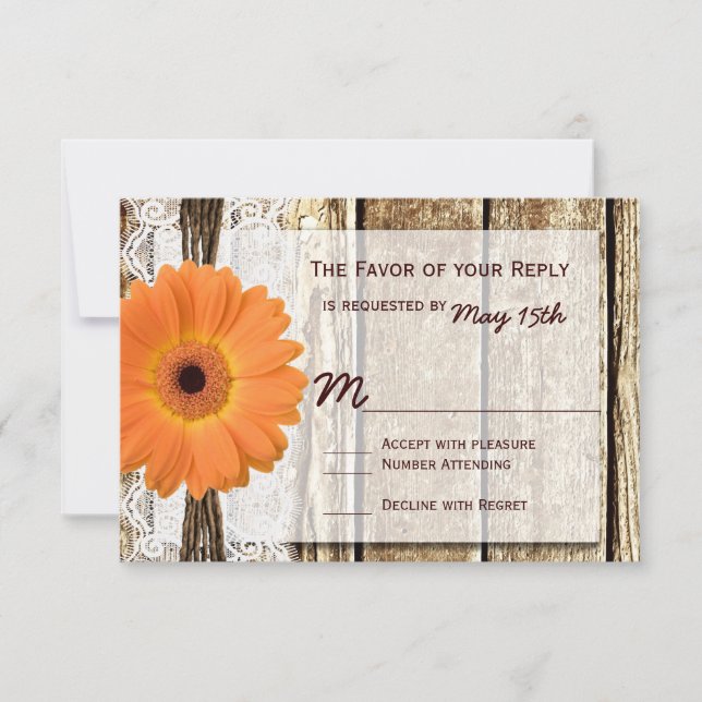 Rustic Wood Orange Daisy Wedding RSVP Cards (Front)