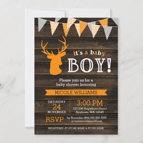 Rustic Wood Orange Deer Boy Baby Shower Invitation