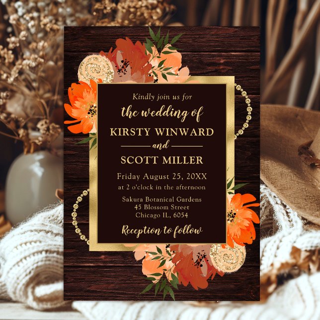 Rustic Wood & Orange Fall Floral Wedding Invitation (Creator Uploaded)