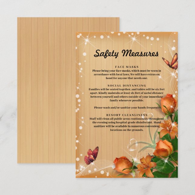 Rustic Wood Orange Floral Butterfly Safety Measure Enclosure Card (Front/Back)