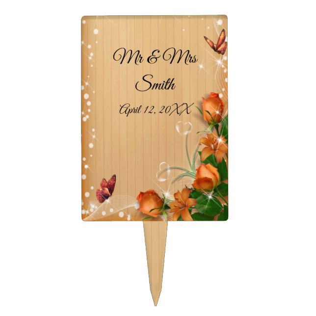 Rustic Wood Orange Floral Butterfly Wedding Cake Topper (Front)