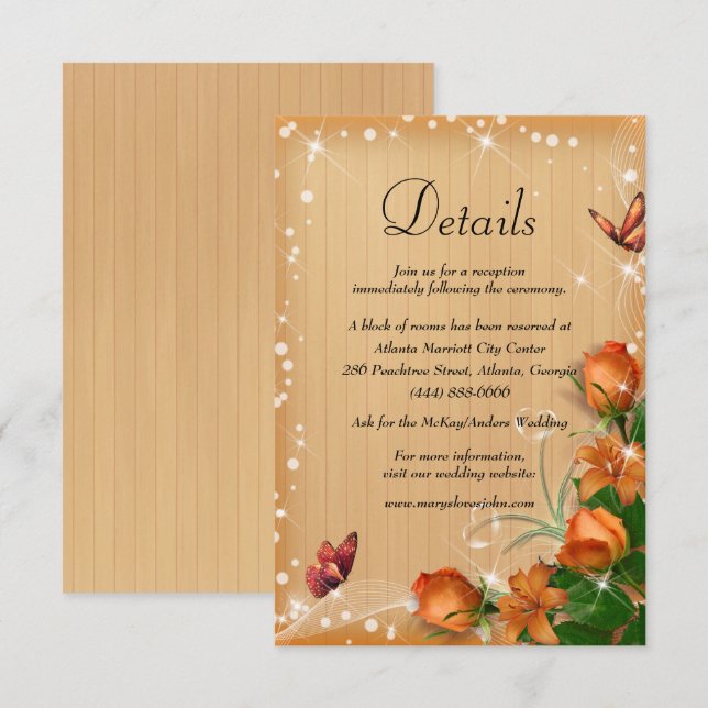 Rustic Wood Orange Floral Butterfly Wedding Detail Enclosure Card (Front/Back)