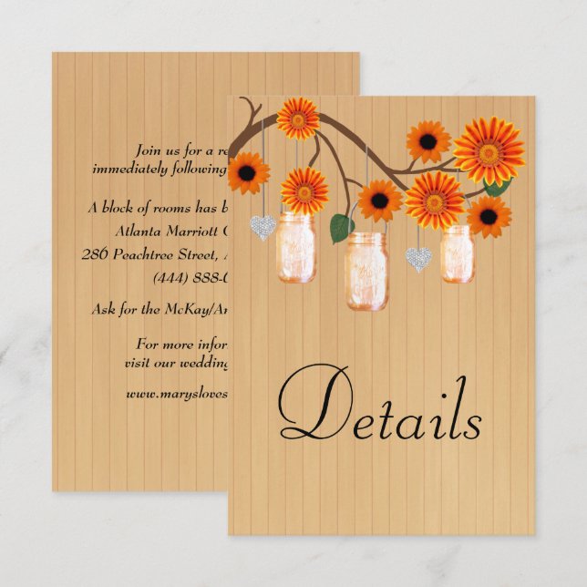 Rustic Wood Orange Floral Mason Jars Details Enclosure Card (Front/Back)