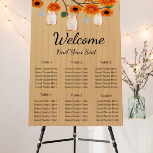 Rustic Wood Orange Floral Mason Jars Seating Chart Foam Board