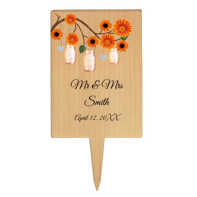 Rustic Wood Orange Floral Mason Jars Wedding  Cake Topper (Front)