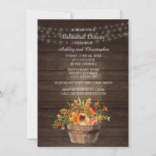 Rustic Wood Orange Flowers Wedding Rehearsal Invitation