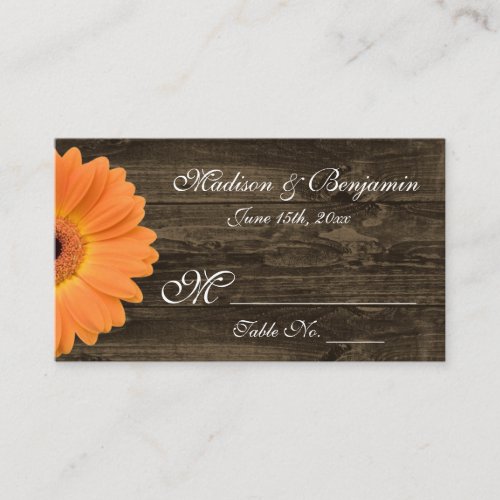 Rustic Wood Orange Gerber Daisy Wedding Place Card Business Cards