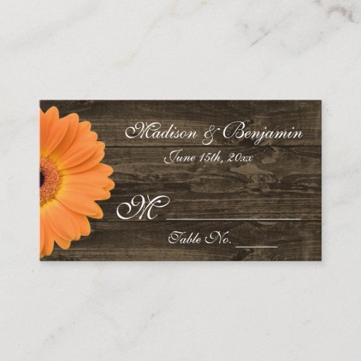 Customizable Rustic Wood Orange Gerber Daisy Wedding Place Card Business Cards