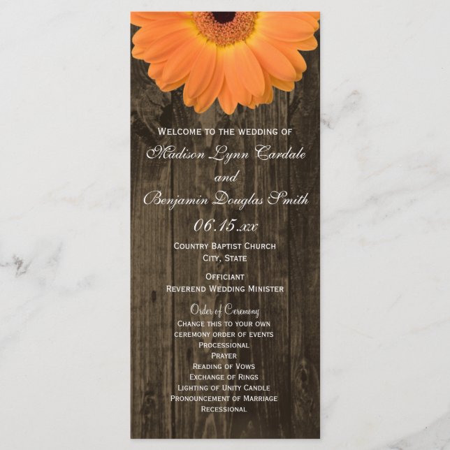 Rustic Wood Orange Gerber Daisy Wedding Programs (Front)