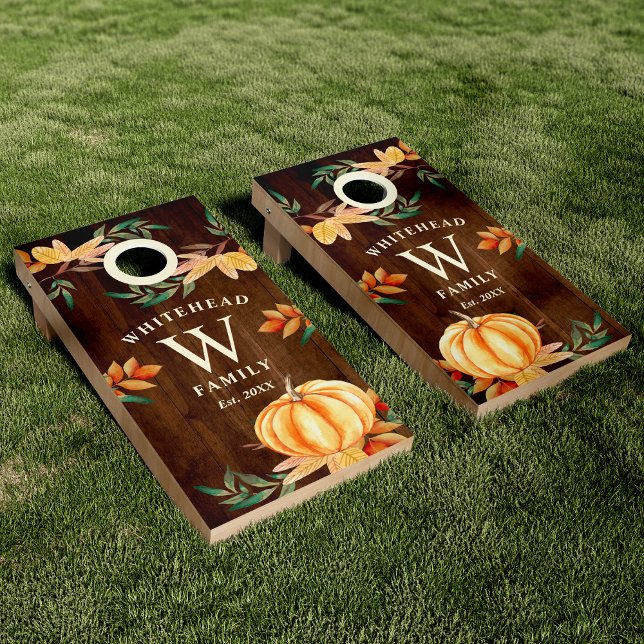 Rustic Wood Orange Pumpkin Fall Leaves Monogram Cornhole Set (Creator Uploaded)