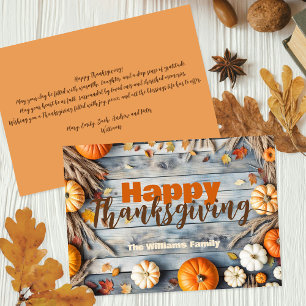 Rustic Wood Orange Pumpkins Family Thanksgiving Holiday Card