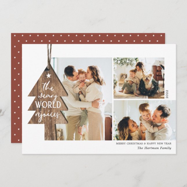 Rustic Wood Ornament 3 Photo Collage Christmas Holiday Card (Front/Back)