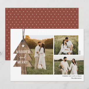 Rustic Wood Ornament Newlywed 3 Photo Christmas  Holiday Card