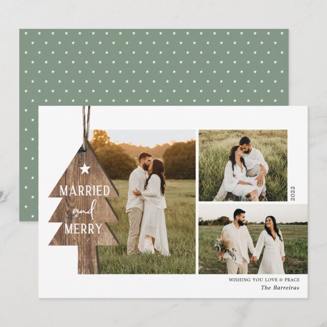 Rustic Wood Ornament Newlywed 3 Photo Christmas Holiday Card (Front/Back)