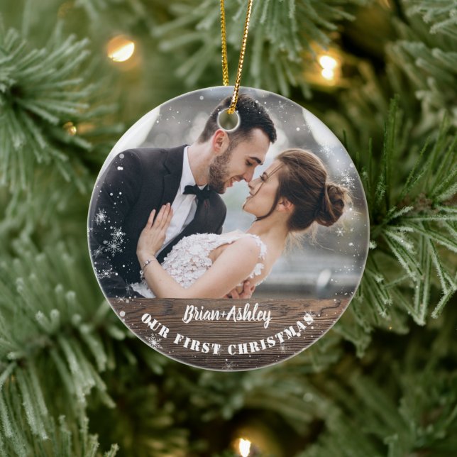 Rustic Wood Our First Christmas as Mr. Mrs. Photo Ceramic Ornament (Tree)
