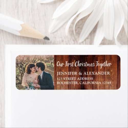 Rustic wood Our first Christmas Together photo Lab Label