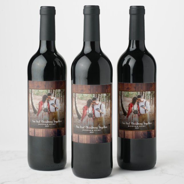 Rustic wood Our First Christmas together photo Wine Label (Bottles)