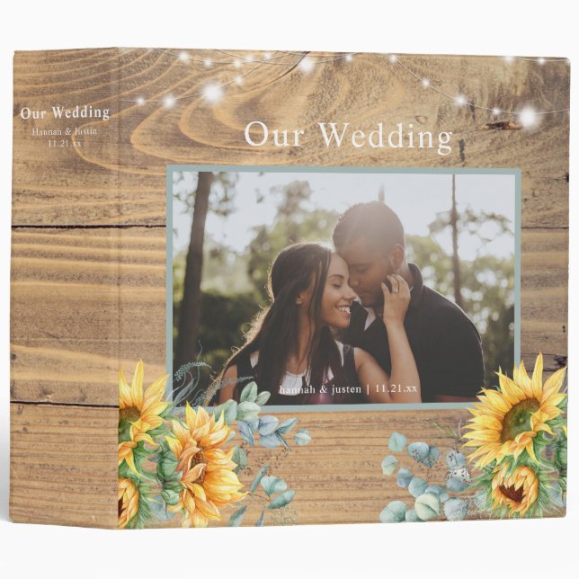 Rustic Wood Our Wedding Sunflower Photo Planner 3 Ring Binder (Front/Spine)