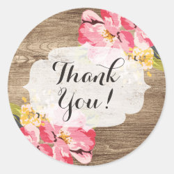 Rustic Wood & Painted Pink Hibiscus Thank You Classic Round Sticker