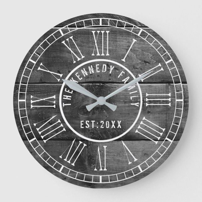 Rustic Wood Pallet White Roman Numeral Family Name Large Clock (Front)