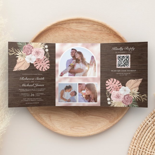 Rustic Wood Palm Dusty Pink Roses QR Code Wedding Tri-Fold Invitation (Creator Uploaded)