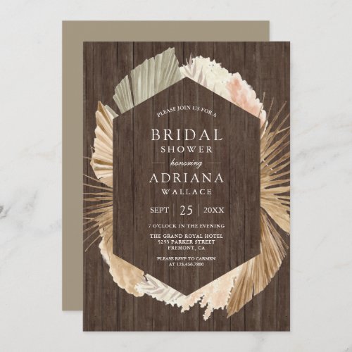 Rustic Wood Pampas Dried Palm Leaves Bridal Shower Invitation