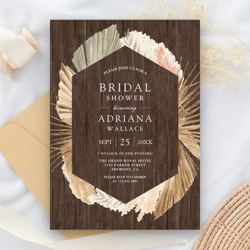 Rustic Wood Pampas Dried Palm Leaves Bridal Shower Invitation