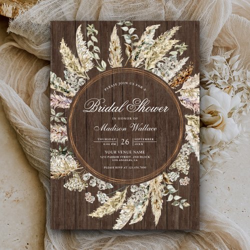 Rustic Wood Pampas Grass Boho Wreath Bridal Shower Invitation