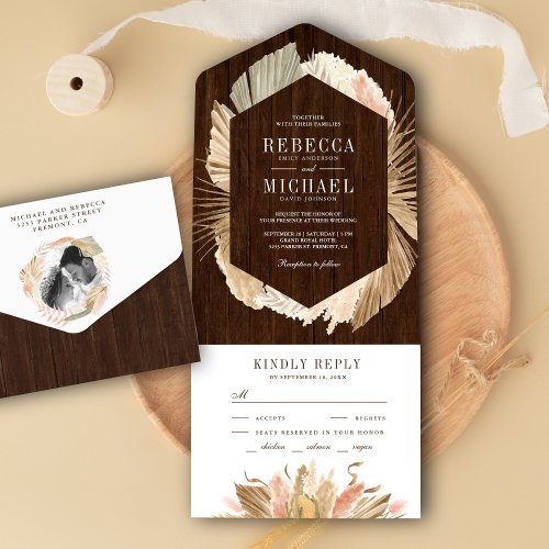 Rustic Wood Pampas Grass Dried Palm Leaves Wedding All In One Invitation