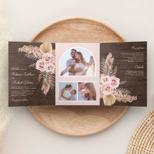 Rustic Wood Pampas Grass Dusty Pink Roses Wedding Tri-Fold Invitation