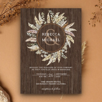 Rustic Wood Pampas Grass Wreath Ampersand Wedding Invitation by ShabzDesigns at Zazzle
