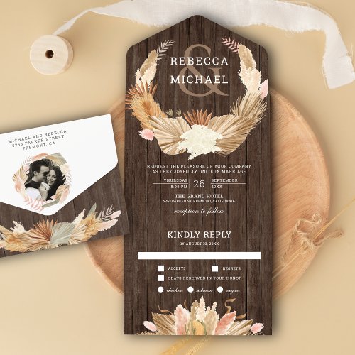 Rustic Wood Pampas Grass Wreath Dried Palm Wedding All In One Invitation