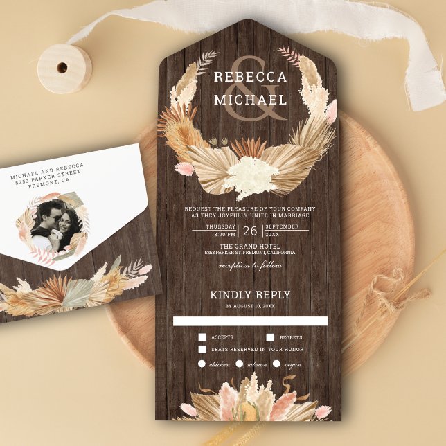 Rustic Wood Pampas Grass Wreath Dried Palm Wedding All In One Invitation (Creator Uploaded)