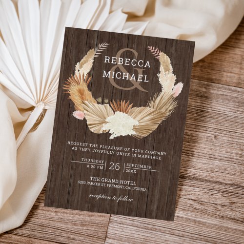 Rustic Wood Pampas Grass Wreath Dried Palm Wedding Invitation